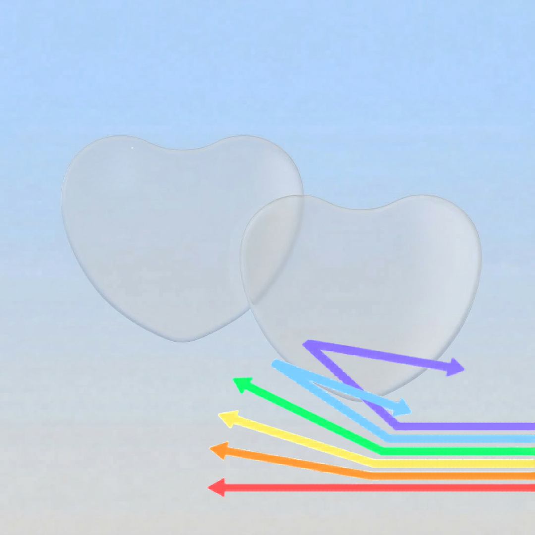 Two heart-shaped objects with colored arrows on a light blue background