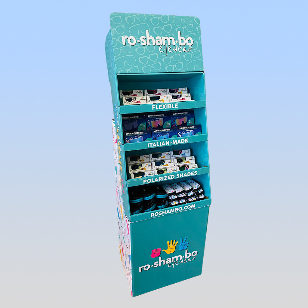 Grand présentoir de vente au détail et lunettes de soleil Roshambo