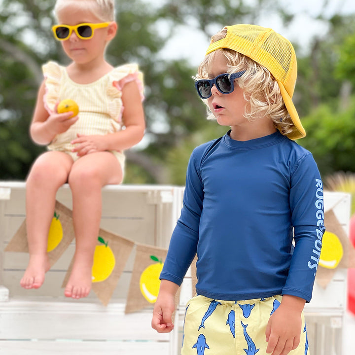 RuggedButts Baby Jawsome Maillot de bain et Rash Guard avec lunettes de soleil Roshambo Bleu marine