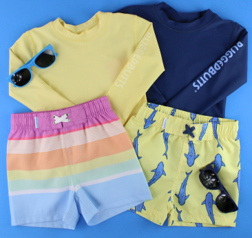 RuggedButts Baby Rainbow Stripe  Swim Trunks & Rash Guard with Roshambo Blue Sunglasses