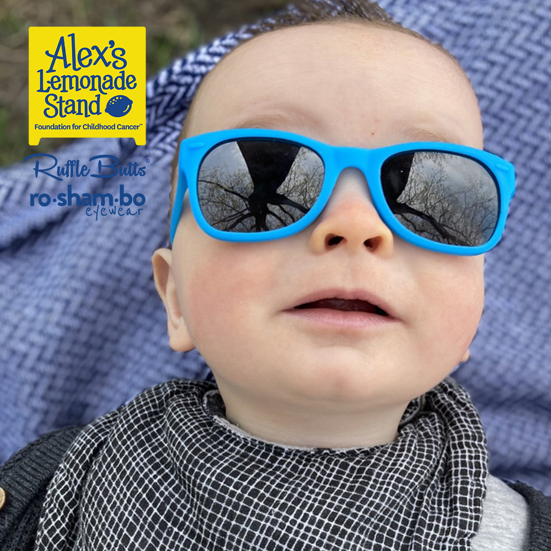 RuggedButts Baby Rainbow Stripe  Swim Trunks & Rash Guard with Roshambo Blue Sunglasses