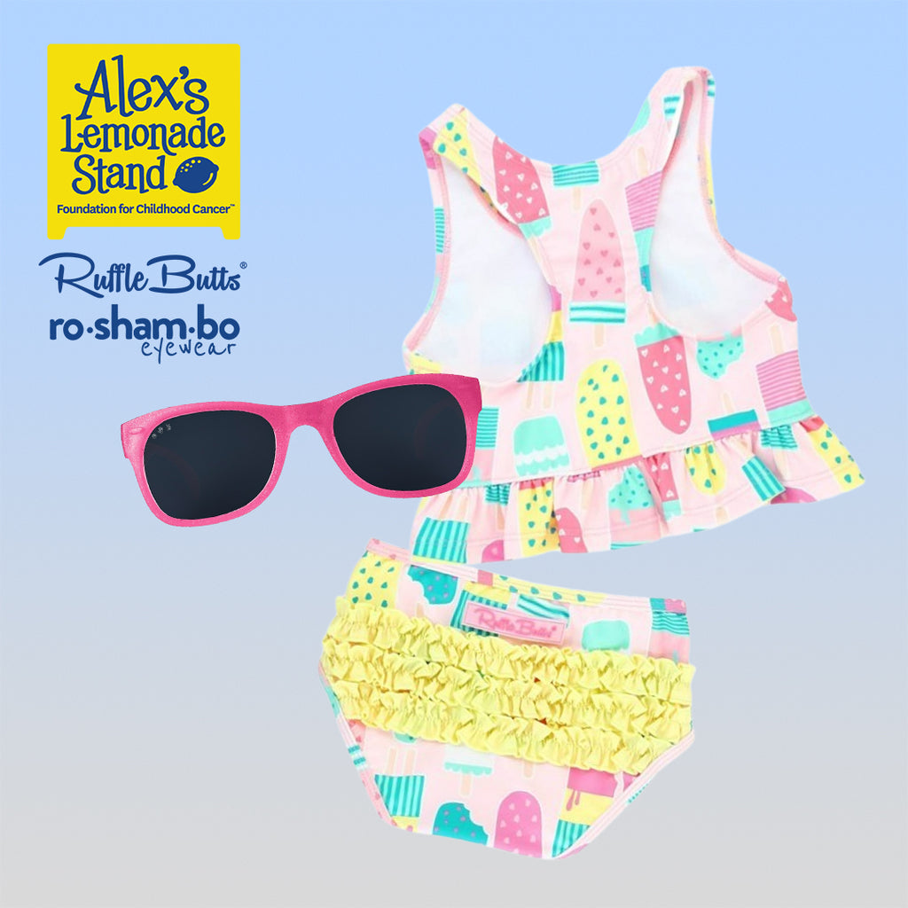 RuffleButts Toddler Ice Cream Tankini with Roshambo Pink Glitter Sungl