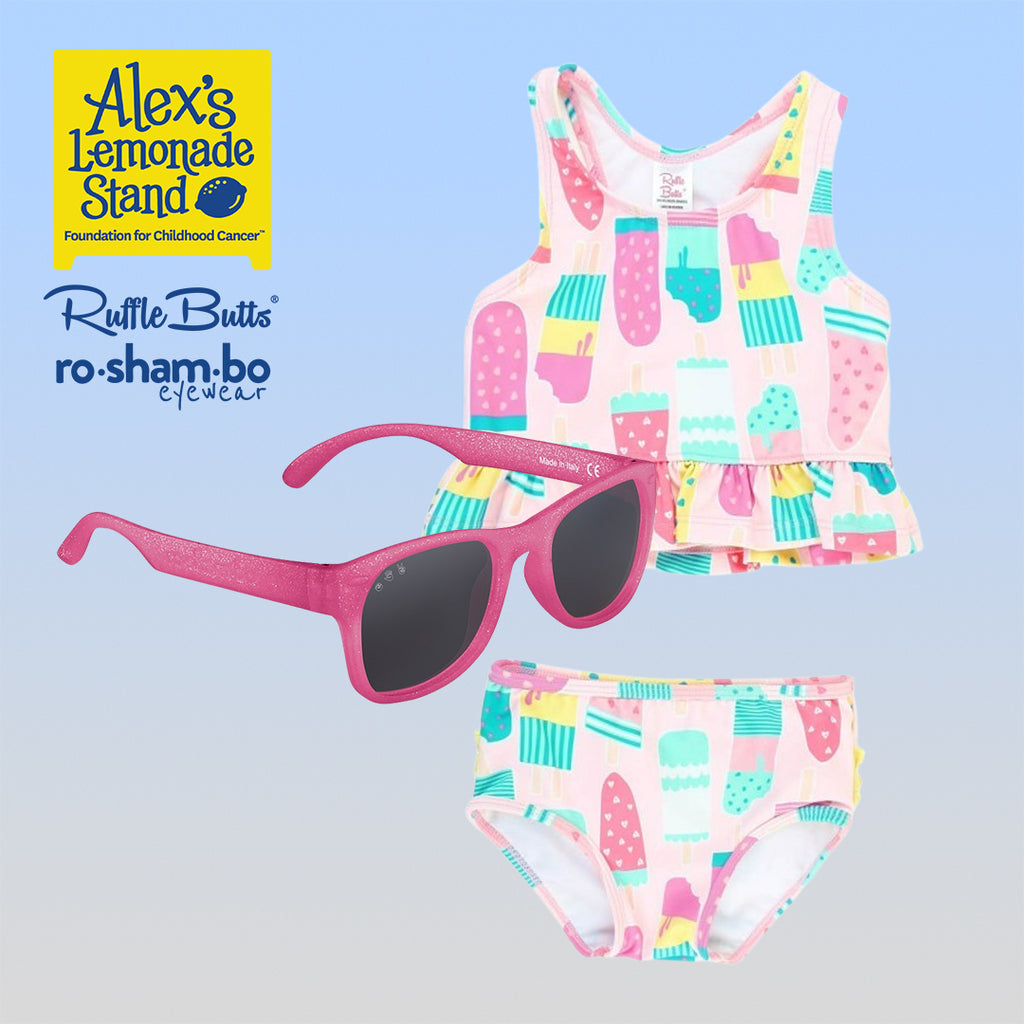 RuffleButts Tankini crème glacée pour filles avec lunettes de soleil Roshambo à paillettes roses