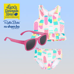 RuffleButts Toddler Ice Cream Tankini with Roshambo Pink Glitter Sunglasses
