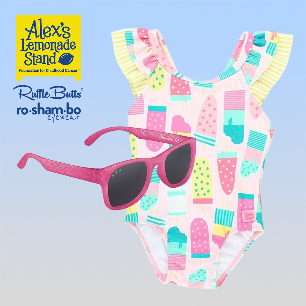 Traje de baño de helado para bebé de RuffleButts con gafas de sol rosadas con purpurina Roshambo