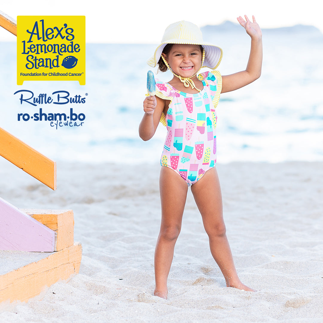 RuffleButts Baby Ice Cream One Piece avec lunettes de soleil à paillettes roses Roshambo