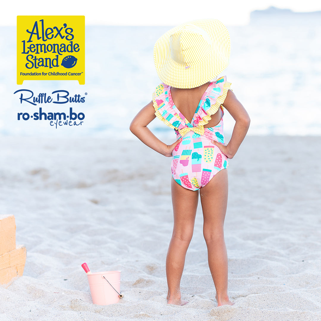 RuffleButts Baby Ice Cream One Piece avec lunettes de soleil à paillettes roses Roshambo