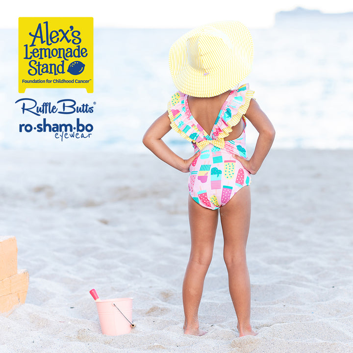 RuffleButts Baby Ice Cream One Piece avec lunettes de soleil à paillettes roses Roshambo