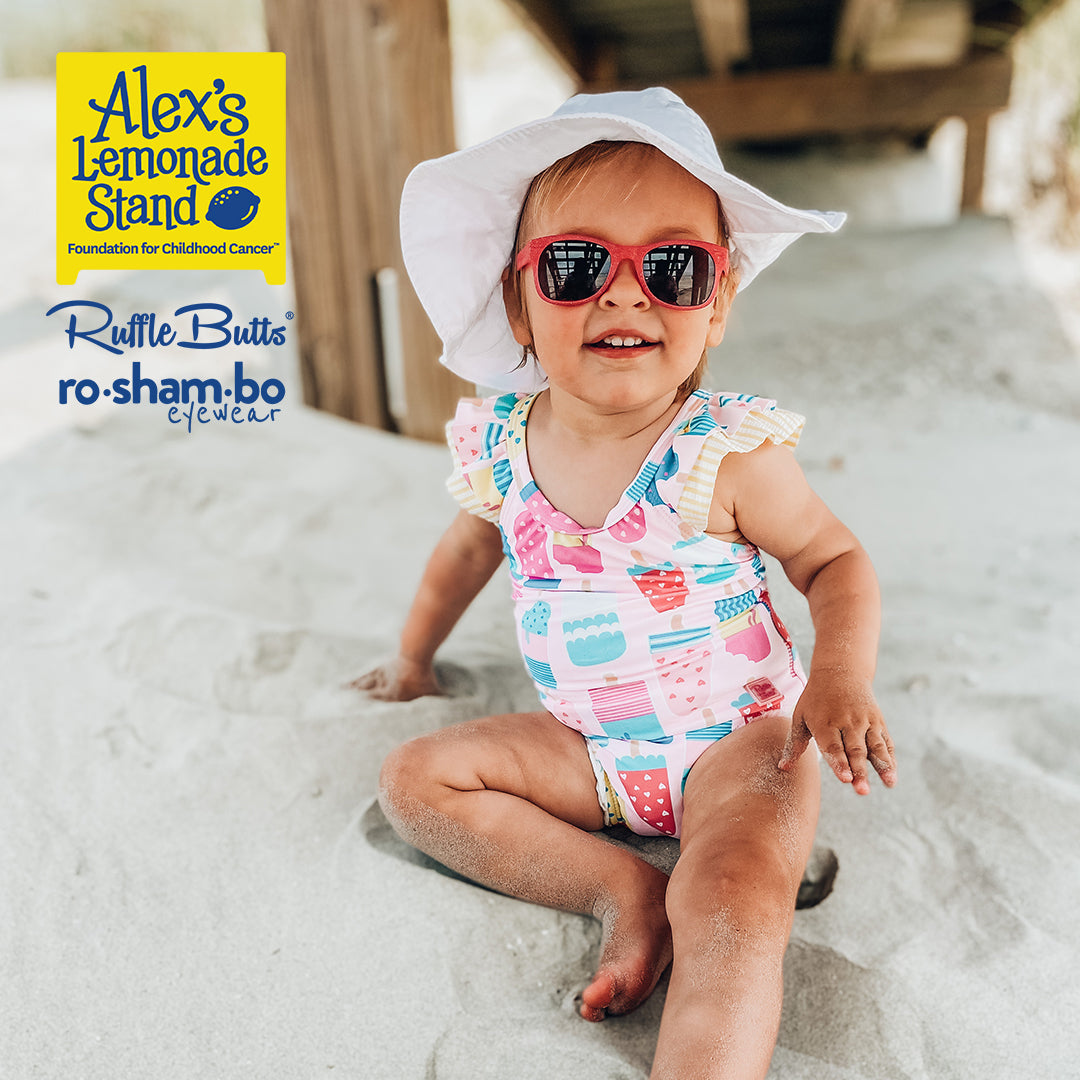 RuffleButts Baby Ice Cream One Piece avec lunettes de soleil à paillettes roses Roshambo