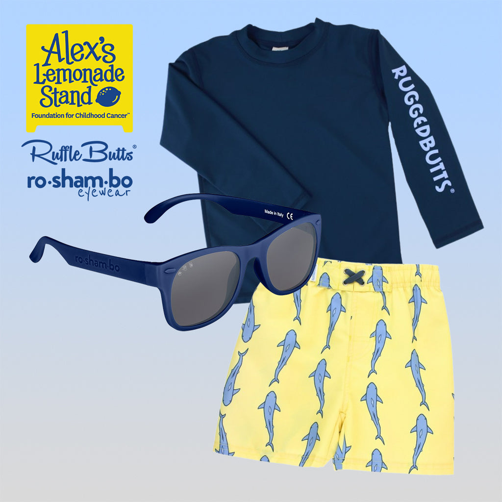 RuggedButts Boys Jawsome Swim Trunks & Rash Guard with Roshambo Navy Sunglasses