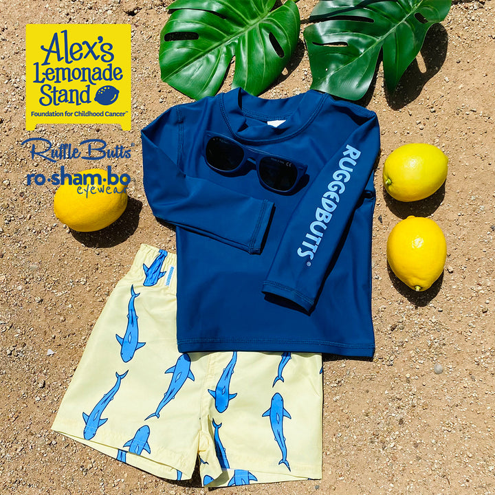 RuggedButts Baby Jawsome Maillot de bain et Rash Guard avec lunettes de soleil Roshambo Bleu marine