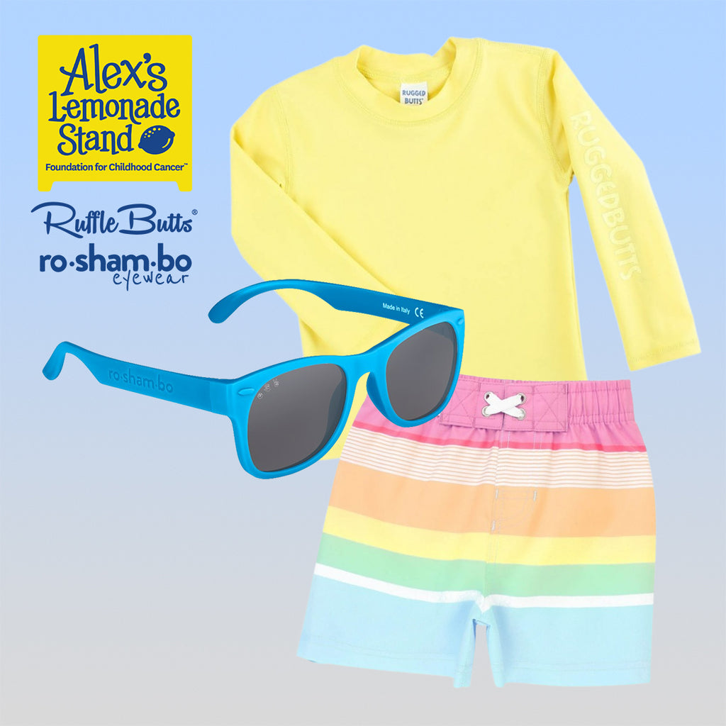 RuggedButts Boys Rainbow Stripe Swim Trunks & Rash Guard with Roshambo Blue Sunglasses