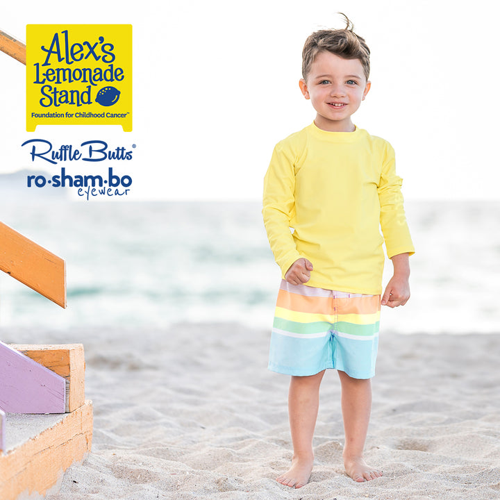 RuggedButts Baby Rainbow Stripe  Swim Trunks & Rash Guard with Roshambo Blue Sunglasses