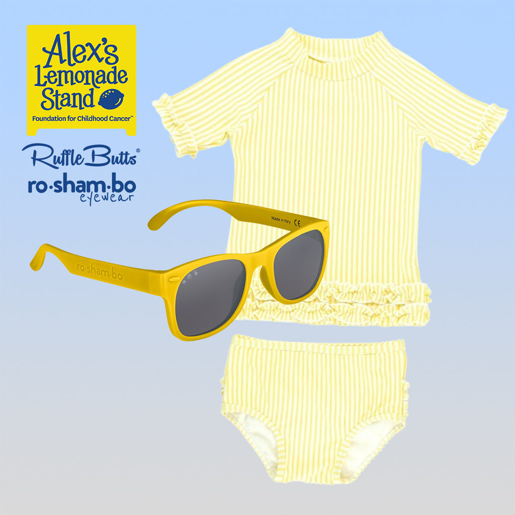 RuffleButts Baby Seersucker Rash Guard Bikini with Roshambo Yellow Sunglasses